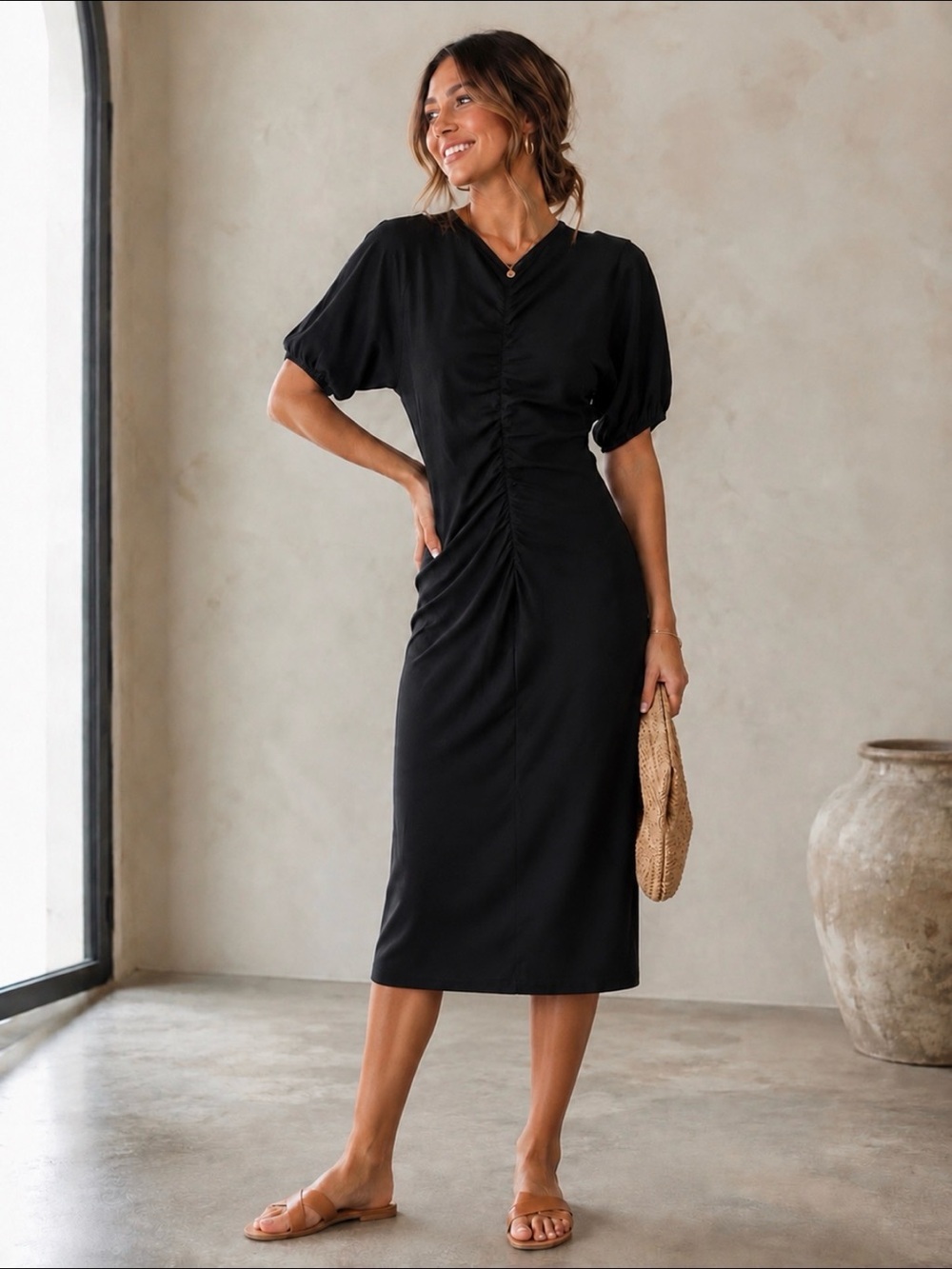Grey State Black Short Sleeve Slim Fit Shirring Front Mable Dress